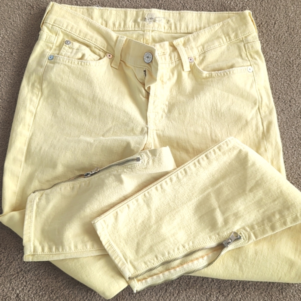 7 for all mankind yellow buttercream jeans with zipper accents